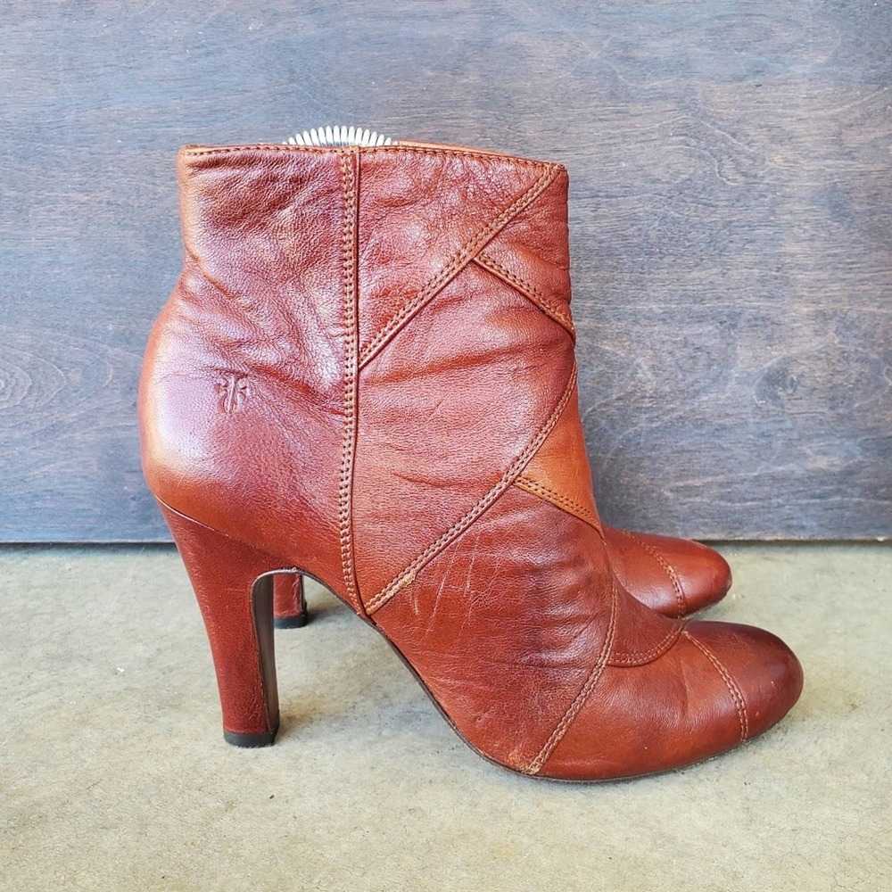 Frye Ava Shootie Heeled Ankle Boots Patchwork Leather Brown Tan Style 77871